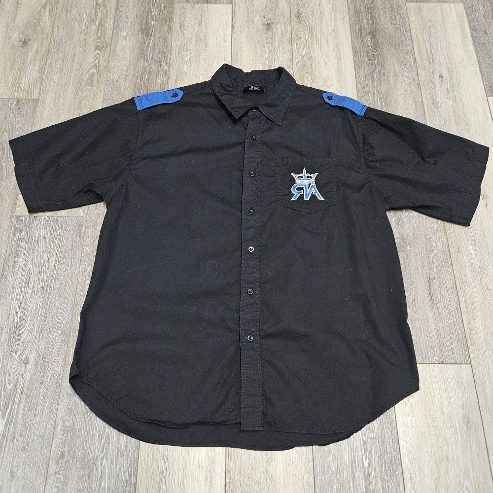 Red Ape Embroidered Pocket Graphic Button Up Shirt Black Blue Men's XL Casual